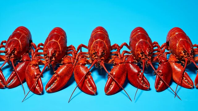 A row of cooked red lobsters on a vibrant blue background, showcasing their rich color and texture.