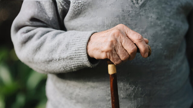 Close-up of an elderly person's hand holding a wooden walking cane, symbolizing aging, support, and mobility. - Powered by Adobe