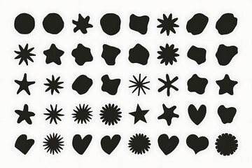 Fototapeta premium Collection of black and white shapes including stars, hearts, and circles