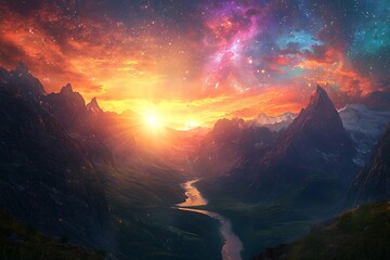 Majestic mountains glowing under radiant sky high resolution picture