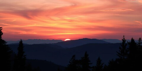 Obraz premium Vibrant sunset hues paint the sky above silhouetted mountain trees , art, shadow