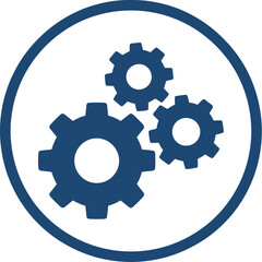 A detailed blue icon depicting three interconnected gears within an oval frame on transparent background