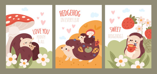 Obraz premium Cute hedgehog cards. Funny little animals, forest wild fauna, needle like nature creatures, autumn and summer elements, childish poster and print design, woodland mammals garish vector set