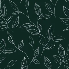 Gordijnen Bladeren Botanical seamless pattern featuring delicate, sketchy white line art of leaves and flowing branches on a dark teal background  © momosama