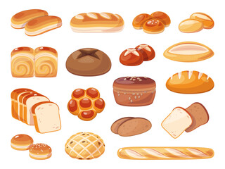 Cartoon sliced bread. Whole and cut bakery products, baguette, traditional loaf, different buns, fresh roll, wheat toast, whole grain, rye types snack, food menu elements, classy vector set