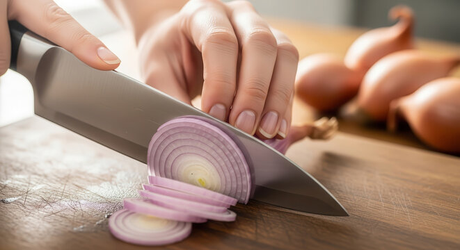 Female chef slicing red onions on a wooden cutting board with a sharp knife, showcasing culinary skills and fresh ingredients in a bright kitchen environment - Powered by Adobe