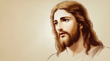 Illustration of Jesus Christ with Long Hair and Beard Looking Upwards on a Beige Background, Religious Icon, Christianity
