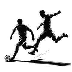 Two soccer players in action kicking a ball with dynamic brush strokes