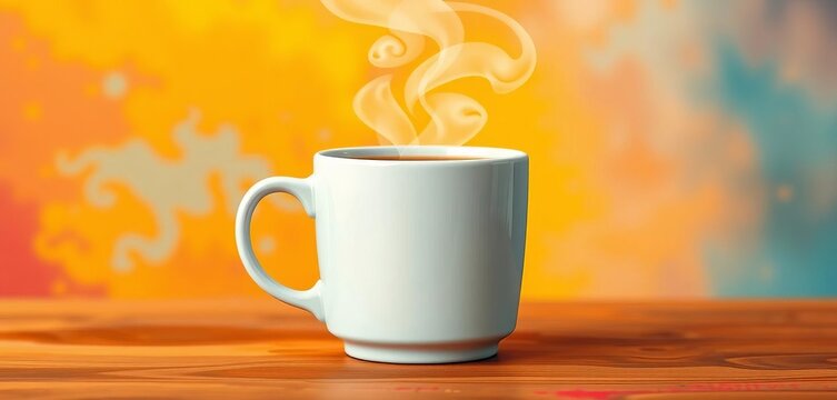 Vibrant vector illustration of a steaming coffee mug on a warm background, cozy, hot beverage - Powered by Adobe