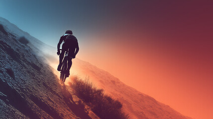 Feel the rush of mountain biking at sunset, with a silhouette of a cyclist conquering the dusty trail, an image of determination and outdoor adventure