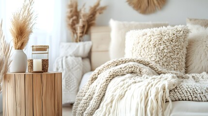 Soft neutral tones define a cozy bedroom setting with natural decor elements