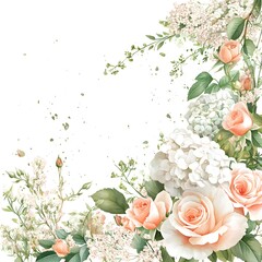 Elegant watercolor floral arrangement featuring soft peach roses and white hydrangeas across the frame edges