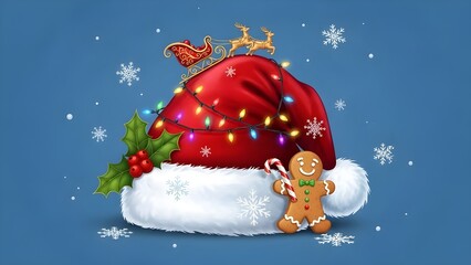 Hat santa christmas set decorations and design isolated on blue background illustration