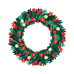 Modern flat 2D vector illustration of a Christmas Wreath, minimal design style on a white background.