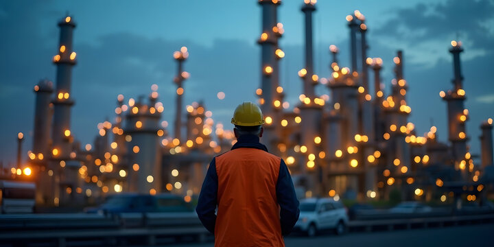 A solitary figure in a bright orange safety vest and yellow hard hat stands amidst a sprawling industrial complex at dusk, gazing at a towering, illuminated refinery.