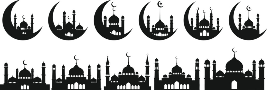 Mosque and crescent moon silhouette collection for islamic holidays and celebrations