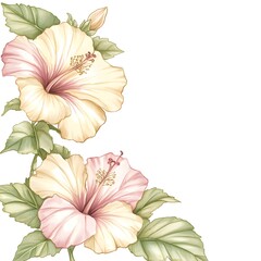 Softly colored tropical blossoms and foliage frame the upper left corner on a white background
