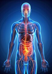 The human stomach is depicted with a nervous system in red glowing anatomy illustration