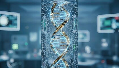 Futuristic 3D DNA Helix Structure Rendered in a Modern Science Laboratory Environment