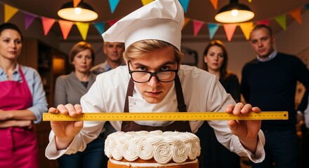 Culinary Precision: Serious Chef Measuring Cake With Ruler Under Pressure