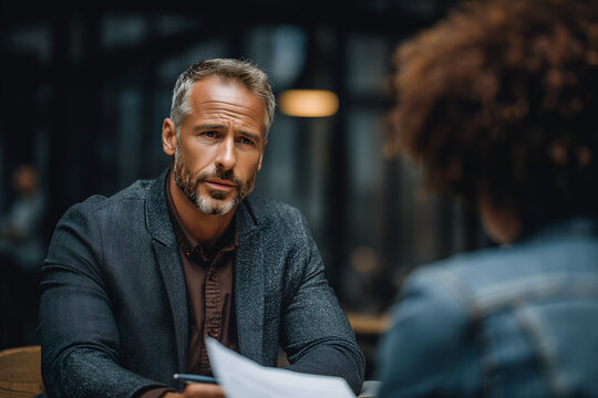 Professional mature businessman in meeting, reviewing document with a focused expression, modern office setting, corporate strategy and collaboration