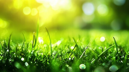 Obraz premium Lush green grass glistening in sunlight.