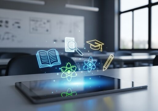 Modern classroom with tablet displaying vibrant educational icons like books, atoms, and graduation cap symbolizing digital learning and future academic success in education