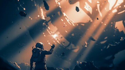 Astronaut explores a colossal mysterious alien structure, bathed in ethereal light, surrounded by cosmic debris