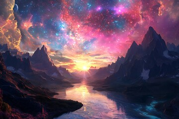 Radiant sky casting light on mountains high resolution picture