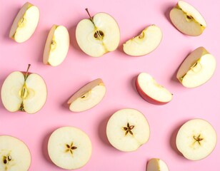 Sliced red and green apples artfully arranged on a pink background