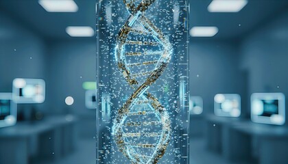 Digital Biotechnology and Genetics Research. Futuristic 3D DNA Helix Structure Rendered in a Modern Science Laboratory Environment