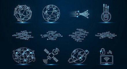 Stay connected with these glowing network icons representing global communication, data transfer, and secure internet access for your tech projects and modern designs