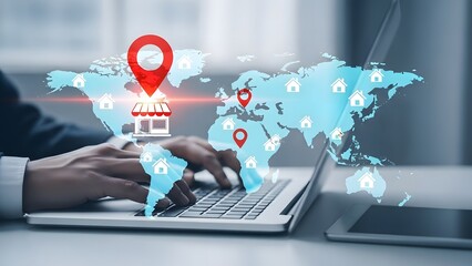 Global business expansion with world map and location pins on laptop