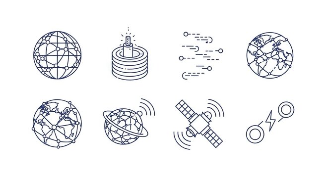 Global network icons for modern communications solutions, showing fiber optic cables, satellite, and data transfer in a clean, professional design for technology businesses