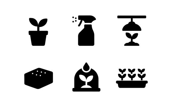 Silhouette icons of indoor plant care essentials for home gardening enthusiasts