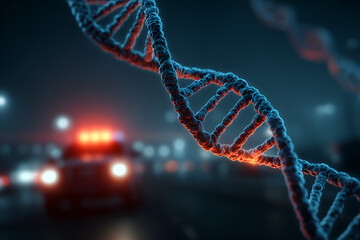 Urgent DNA Research Concept with Police Car in Background for Crime Scene Investigation and Forensics, Exploring Genetics and Biotechnology Advancements