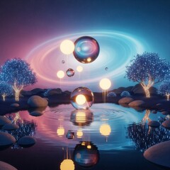 Abstract digital art of light orbs floating above a tranquil body of water, with reflective surfaces and ambient lighting. Featuring a captivating and surreal landscape