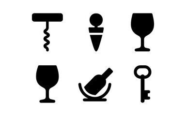 Wine accessories and glasses icons set in black silhouette
