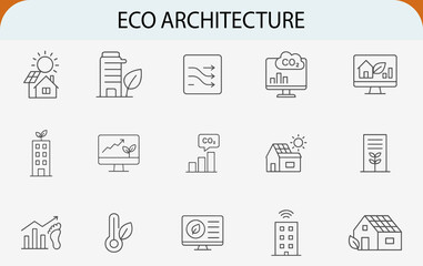 eco architecture analytics line icon set, smart sustainable building data vector