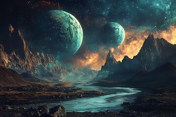 Stunning twin worlds shining above mystic terrain high resolution picture