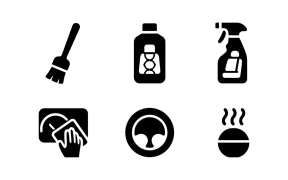 Essential household cleaning icons in bold black silhouette style