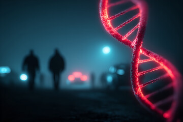 Futuristic DNA strand glows red in moody atmosphere with blurred figures in background, perfect for science, medicine, or technology branding projects