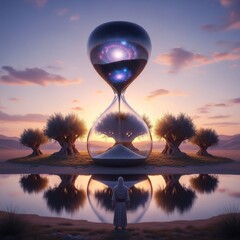 An Hourglass reflecting the Universe in a surreal landscape