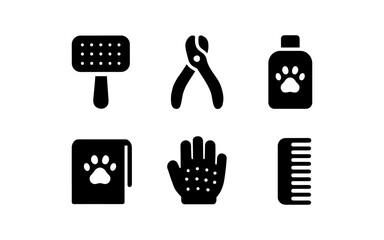 Pet grooming icons set: silhouette style for tools and accessories design