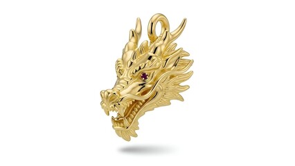 Obraz premium Exquisite golden dragon head motif, intricately detailed as a symbolic charm or pendant, captured with stunning clarity and isolated on a pristine white background for a powerful visual