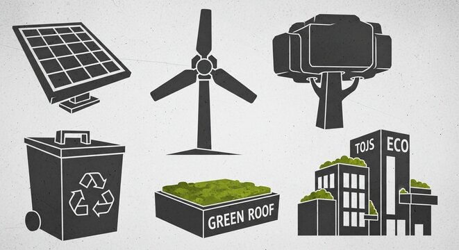 Sustainability icons for eco-friendly initiatives illustrating solar panels, windmills, green roofs, trees, recycling bins, and eco-buildings for a greener planet and innovative future