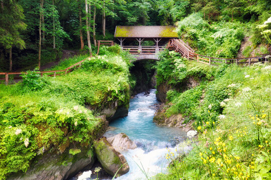 Autria waterfall in Alps, Sigmund Thun Gorge cascade and canyon with river in Kaprun
