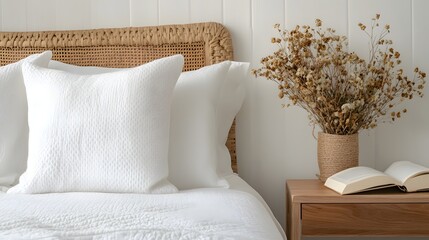Close up view shows a neatly made bed with white linens beside a nightstand holding dried floral arrangement and an open book.