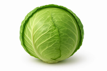 Fototapeta premium White cabbage head close-up on a white background, fruits, vegetables, berries, food, health, nutrition, vitamins, lifestyle, chambon, background, layout, banner, empty space