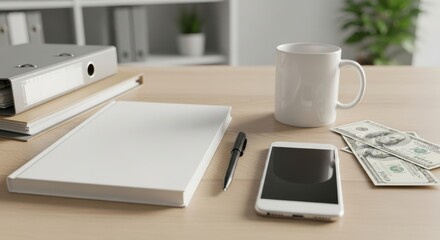 Business Finance and Documentation. Minimalist Desktop Flat Lay with Document Folders, Smartphone, and US Dollar Currency 